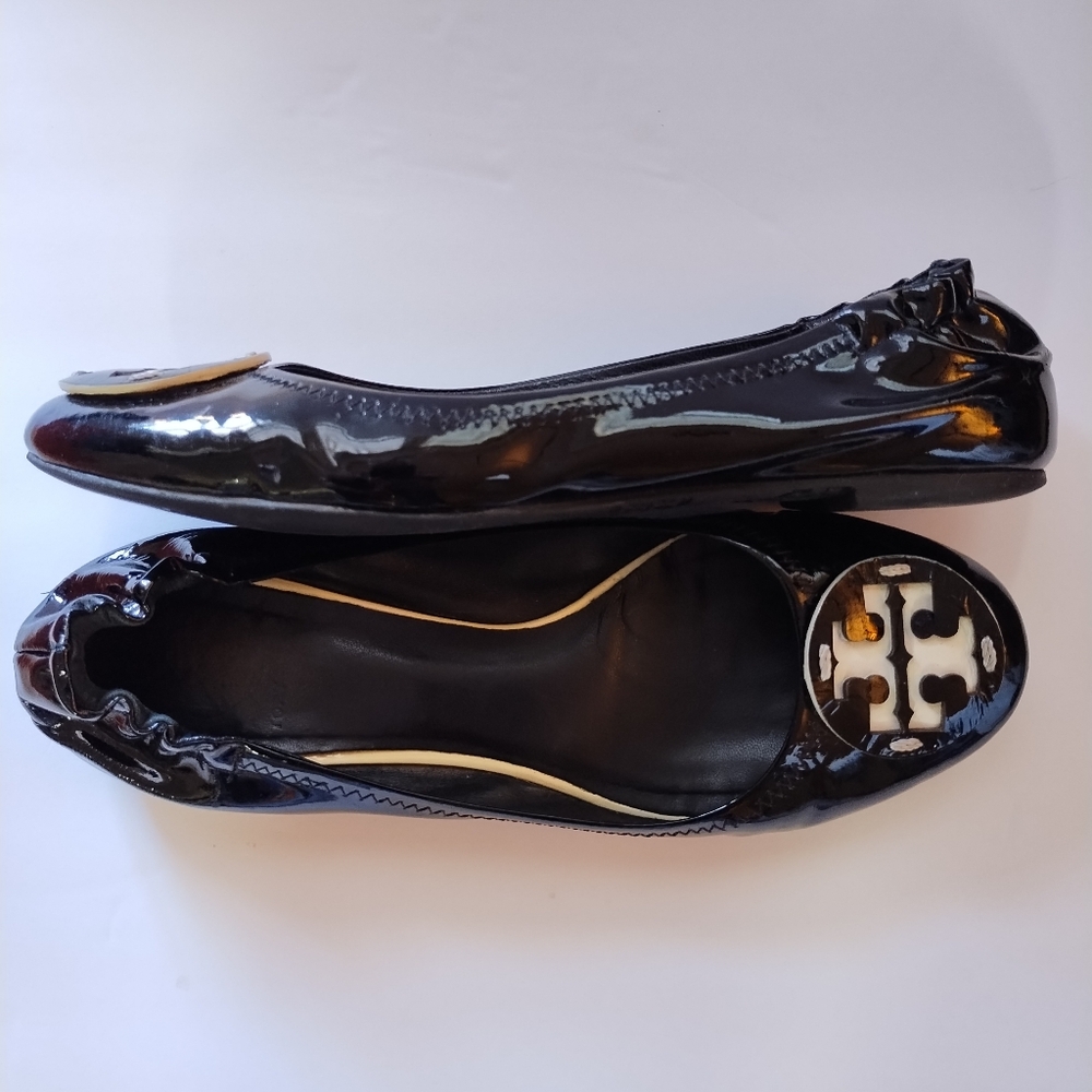 Tory Burch Reva Ballet Slip-On Flats Black Contrast Patent Leather Size 8 - Picture 12 of 16